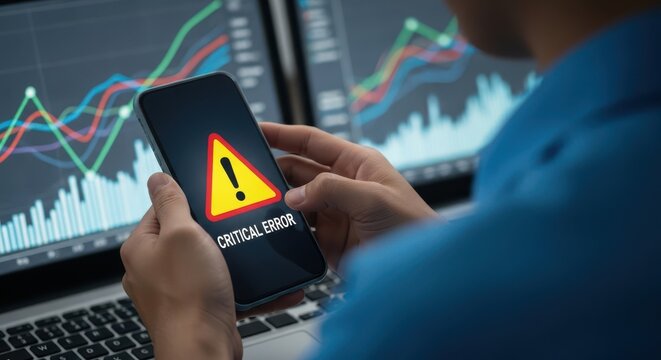 Person holding phone with critical error message on screen