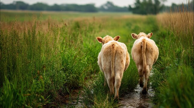 Pastoral scene with cows walking side by side along a ditch, hindquarters visible