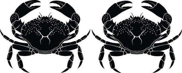 Black silhouette vector illustration of two crabs with large claws isolated on white background for seafood restaurant menu design and marine life projects. © MstLata