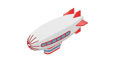 Cartoon illustration of a stylized airship with a white body, red accents, and blue windows © ajji
