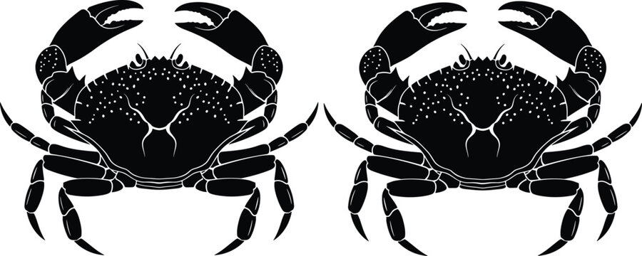Black silhouette vector illustration of two crabs with large claws isolated on white background for seafood restaurant menu design and marine life projects.
