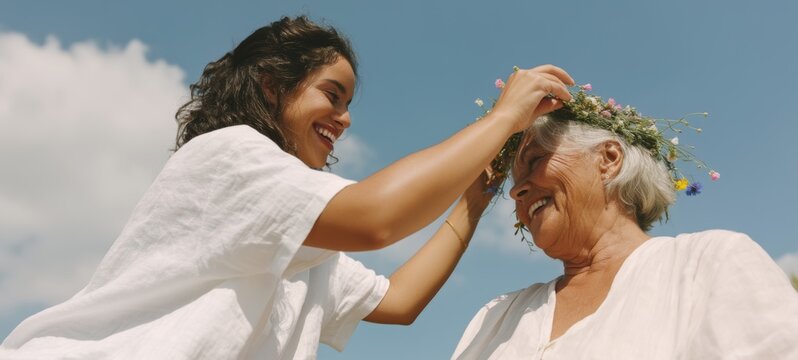 Cultural Celebration: Woman Placing Lei on Elderly Woman's Head