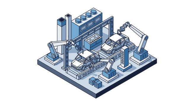 Isometric illustration of a car factory with robotic arms assembling vehicles on a conveyor belt
