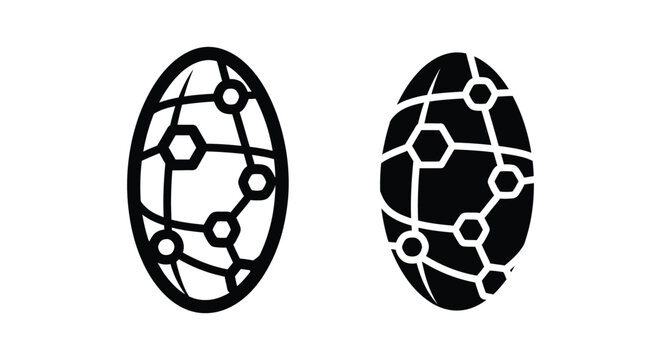 Set of two oval icons representing a global network or digital connection, featuring interconnected nodes and lines in a stylized globe shape