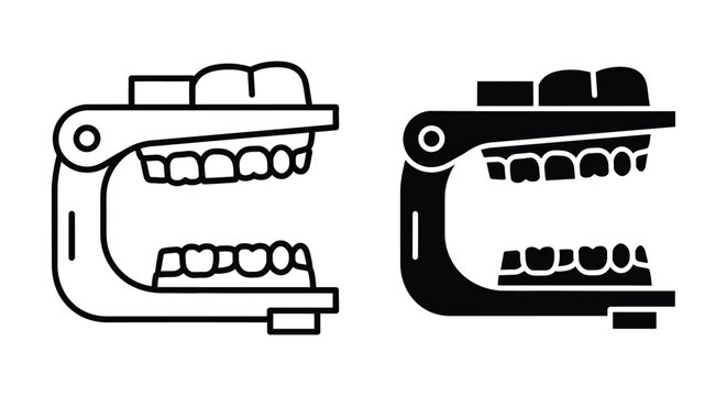 Dental articulator with teeth models, line and solid icons