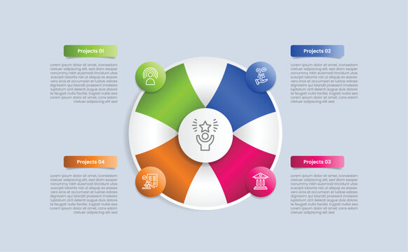 Cycle and circular base infographic with glossy gradient style with big circle center with ribbon and circle badge on quadrant structure with four segment information