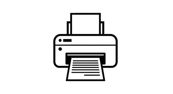 A vector illustration depicts a printer, spitting out a document. Outline style