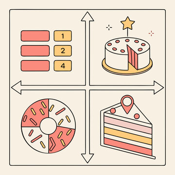 Four different sections displaying a list of numbered items, a cake with a slice removed, a donut, and a slice of cake.