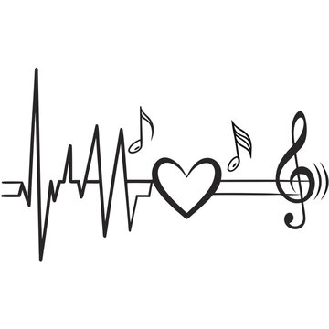 Music heart beat lifeline with treble clef and musical notes silhouette vector for artistic sound therapy and cardiology related creative projects.