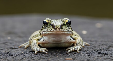 Obraz premium Detailed Front View of a Green Frog Sitting on a Textured Surface.