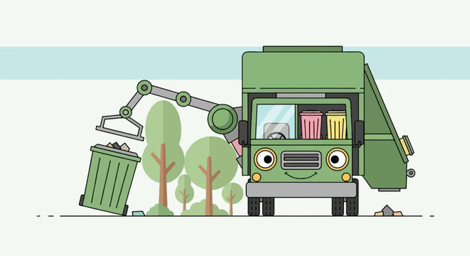 A friendly green garbage truck is shown dumping a bin, cartoon-style, with trees in the background