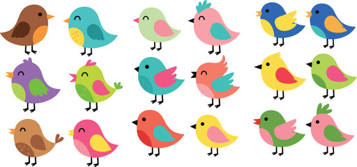 Obraz premium Cute Cartoon Birds Collection with Colorful Small Birds in Different Poses, Kawaii Animal Set for Spring Nature Vector Illustration