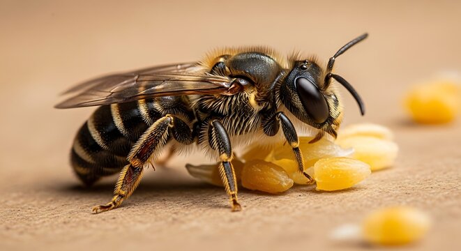 Detailed Macro Shot of a Bee Feeding on Corn Kernels.