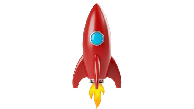 Vibrant red rocket ship with silver fins and a circular blue window, isolated on transparent background for space exploration designs