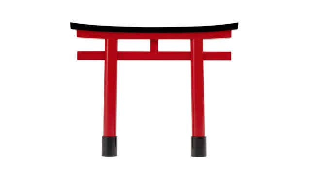 Vibrant vermillion Japanese torii gate with black bases and curved top beams, isolated on transparent background for spiritual design elements
