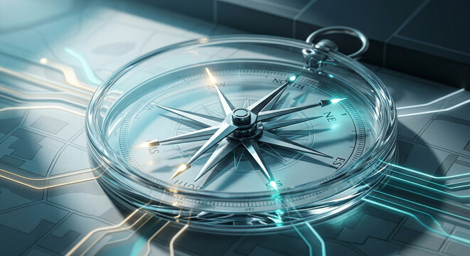 Modern compass with multiple needles pointing to new directions and light, business pivot and strategic agility concept
