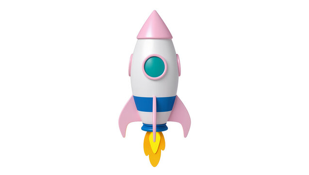 Playful cartoon rocket ship with pink nose cone blue stripe and yellow flame, isolated on transparent background for children s designs