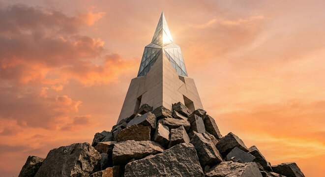 Modern glass tower structure built on foundation of broken stone ruins, success from failure and stable business growth concept