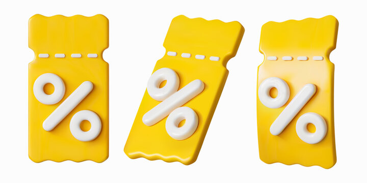 3d coupon vector yellow set render icon with percentage