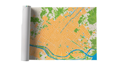 Detailed orange city map with blue river and green park areas, isolated on transparent background for urban planning and travel designs © Michal