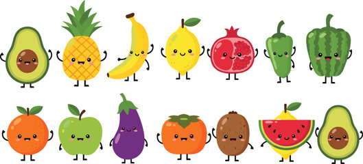 Fototapeta premium Cute Fruit Characters Set with Smiling Faces, Kawaii Healthy Food Cartoon Collection