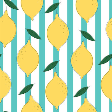 Seamless pattern with lemons and blue and white stripes