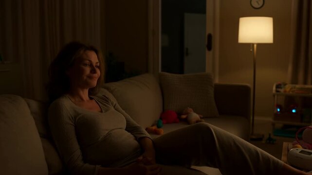 Pregnant Woman Relaxes Peacefully Tonight. Serene Expectant Mother Reclining With Calm And Gentle Breathing