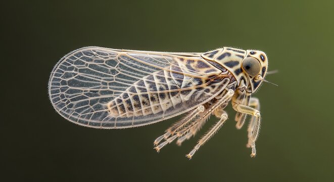 Detailed Macro Shot of a Planthopper Insect with Transparent Wings.