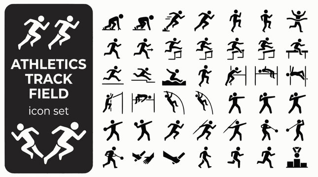 Athletics Track Field Bold Line Icons-Sprint Start Block Hurdle Leap Long Jump High Jump Fosbury Shot Put Discus Hammer Javelin Pole Vault-15 Athletics Icon Set Vector - Track Field Icons