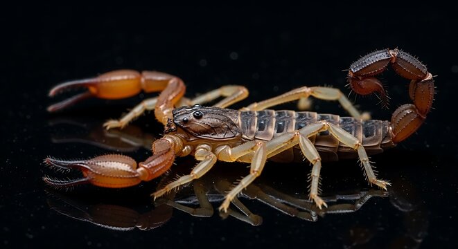 Detailed Macro Shot of a Scorpion on a Reflective Black Surface.
