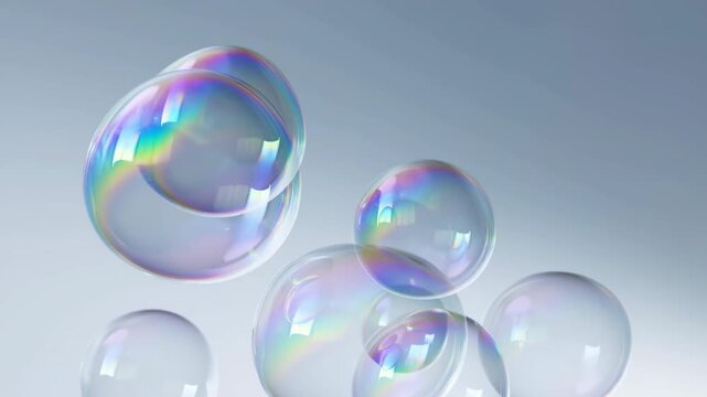 Peaceful Scene With Shimmering Soap Globes. Tranquil Setting With Softly Glowing Rainbow Spheres