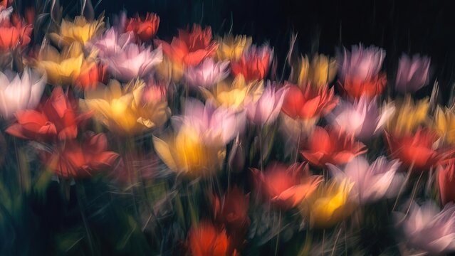 Vibrant, abstract tulips in a dreamy garden with soft motion blur effect