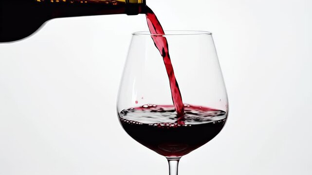 Dark red liquid is poured from a bottle into a clear glass