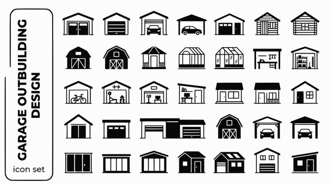 Garage Outbuilding Design Bold Line Icons-Garage Door Double Garage Carport Garden Office Garden Studio Log Cabin She-Shed Garage Conversion Storage Shed-15 Outbuilding Icon Set Vector - Garage Design