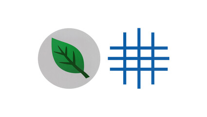 Obraz premium Stylized gray circular icon featuring a vibrant green leaf paired with a blue hashtag symbol, isolated on transparent background for social media branding