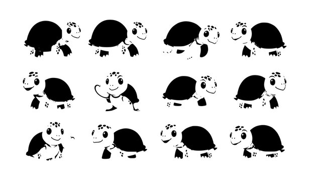 Cute smiling turtle cartoon vector set with funny sea and land tortoise characters in playful poses for kids design