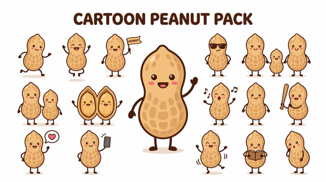 Set of cute cartoon peanut characters in various poses and expressions isolated on white background