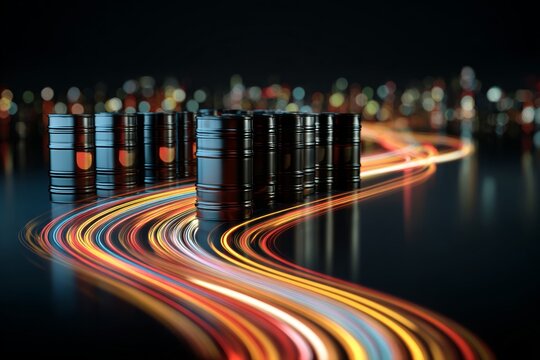 Dynamic oil supplies: navigating the global economic challenge. Data streams. Enhanced perspective: venezuelan oil barrels reflecting evening energy markets. Wireless signal.