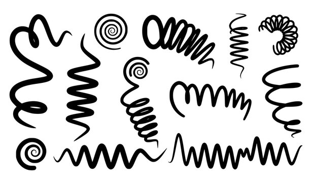 Flexible coil and spiral spring silhouettes vector collection with dynamic wire shapes and abstract forms