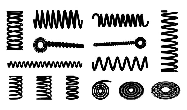 Spiral spring silhouette vector set with metal coil and flexible wire springs in mechanical style collection