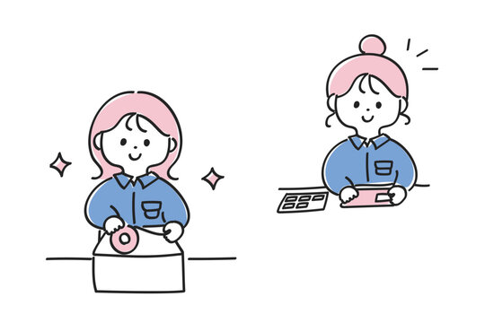 シール・ラベル貼りや梱包をするゆるかわいい女性のイラストセット