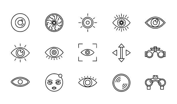 Eye vision and eyesight line icons vector set with ophthalmic lenses and looking direction pictograms