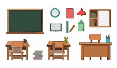 School classroom vector set with chalkboard, desks, chairs, and educational furniture cartoon illustration © MdShakil