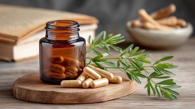 Rhodiola capsules in dark-toned amber glass with natural elements on wooden surface at indoor setting