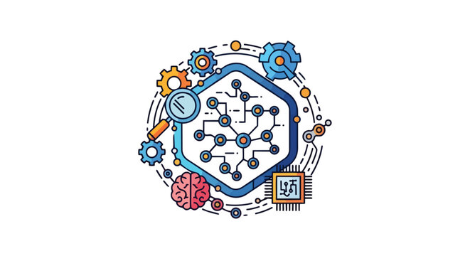 Innovative depiction of artificial intelligence frameworks and data processing systems with cognitive elements
