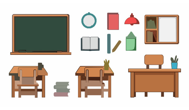 School classroom vector set with chalkboard, desks, chairs, and educational furniture cartoon illustration