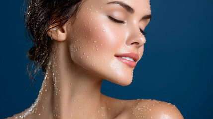 Naklejka premium Woman with water droplets on face smiles softly, showcasing natural beauty in a studio setting during evening