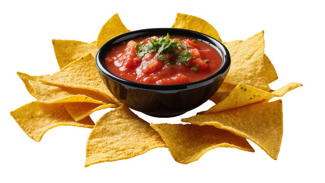 Crispy golden tortilla chips surrounding a black bowl filled with vibrant red salsa garnished with fresh green cilantro, isolated on transparent background for menus