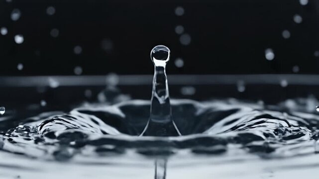 A single drop of water creates ripples and splashes in dark environment