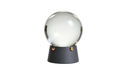 Fototapeta premium Reflective clear glass crystal ball resting on a sleek black pedestal base with brass accents, isolated on transparent background for mystical designs